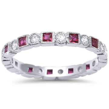Bezel Set Full Eternity Ring Alternating Round Simulated Ruby CZ 925 Sterling Silver